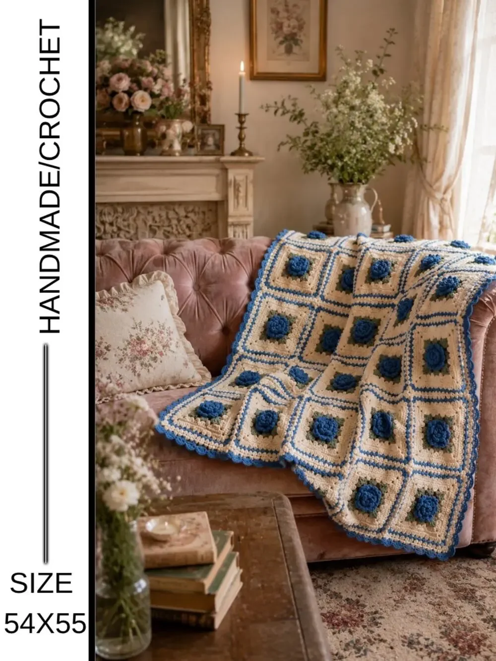 Handmade | ✨ Vintage Handmade Floral Crochet Granny Square Throw – 55” x 54” ✨